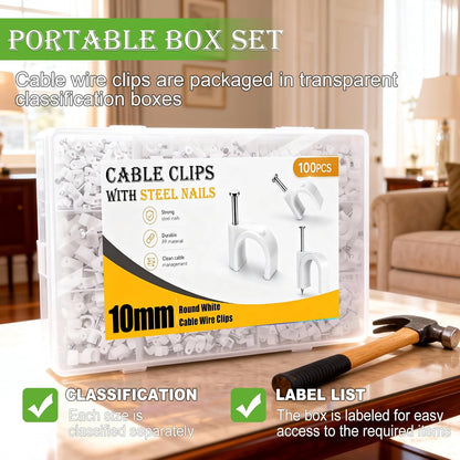 mxuteuk 630PCS Cable Clips with Steel Nails,4/5/6/8/10mm Round and 5/6mm Square White Cable Wire Clips,Wall Clips for Cords,Cable Cord Clips for RG6 RG59 CAT6 RJ45