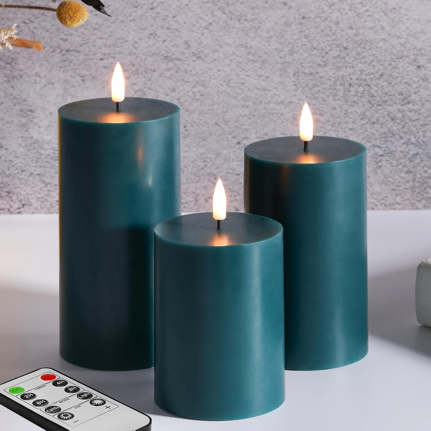 Black Flameless Pillar Candles with Remote, Flickering LED Wax Candles Battery Operated Set of 3