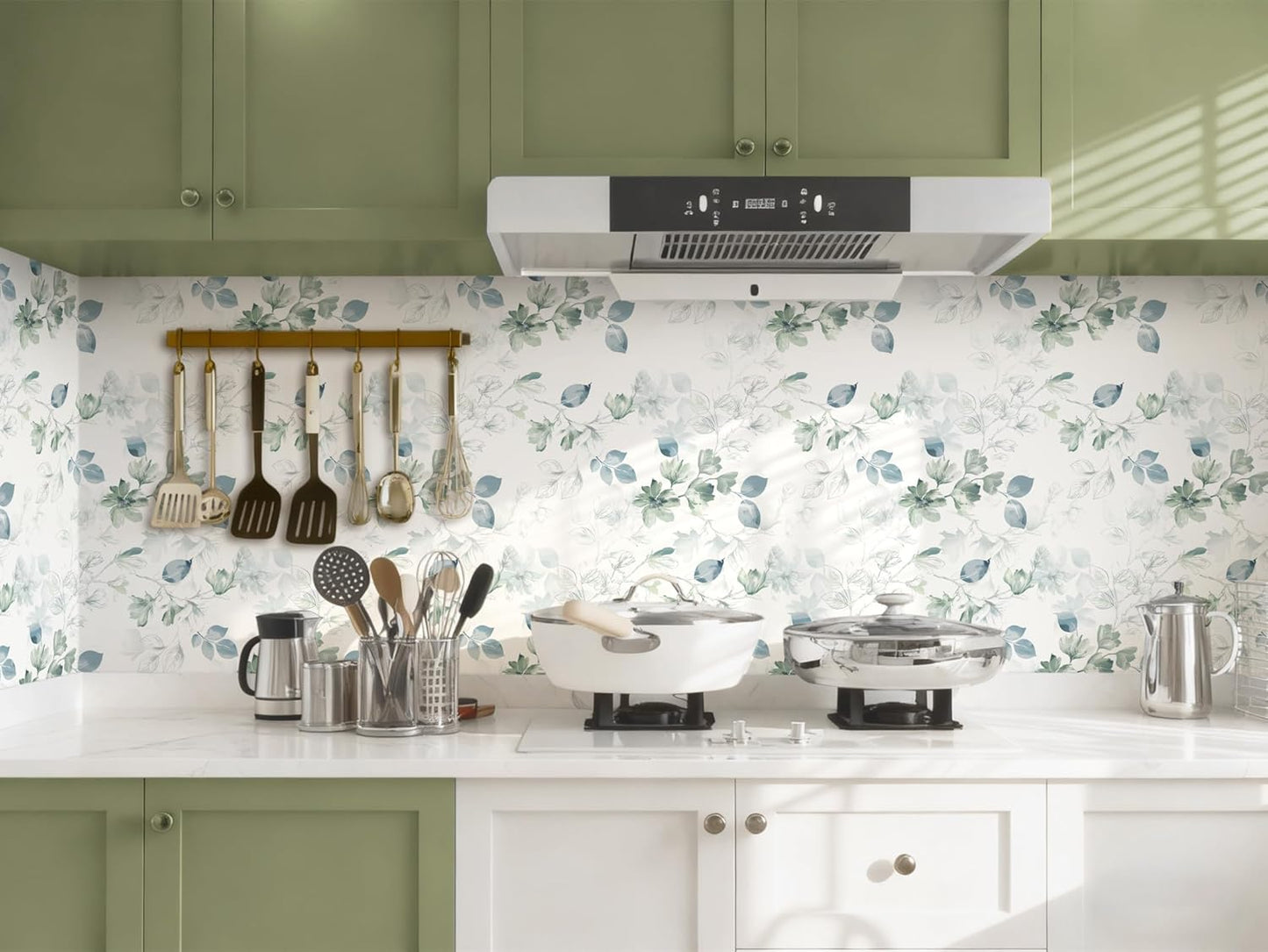 Safiyya Peel and Stick Wallpaper Floral Green and White Leaf Contact Paper for Cabinets 17.3"x 78.7" Self Adhesive Removable Wallpaper for Bathroom Renter Friendly Wall Paper Vinyl Roll
