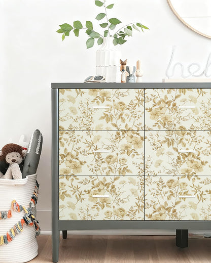 Erfoni 16.9" x118" Boho Floral Peel and Stick Wallpaper Beige Flower and Leaf Contact Paper Self Adhsive Removable Wallpaper Boho Botanical Wall Paper for Bedroom Cabinets Decor Vinyl Roll Waterproof