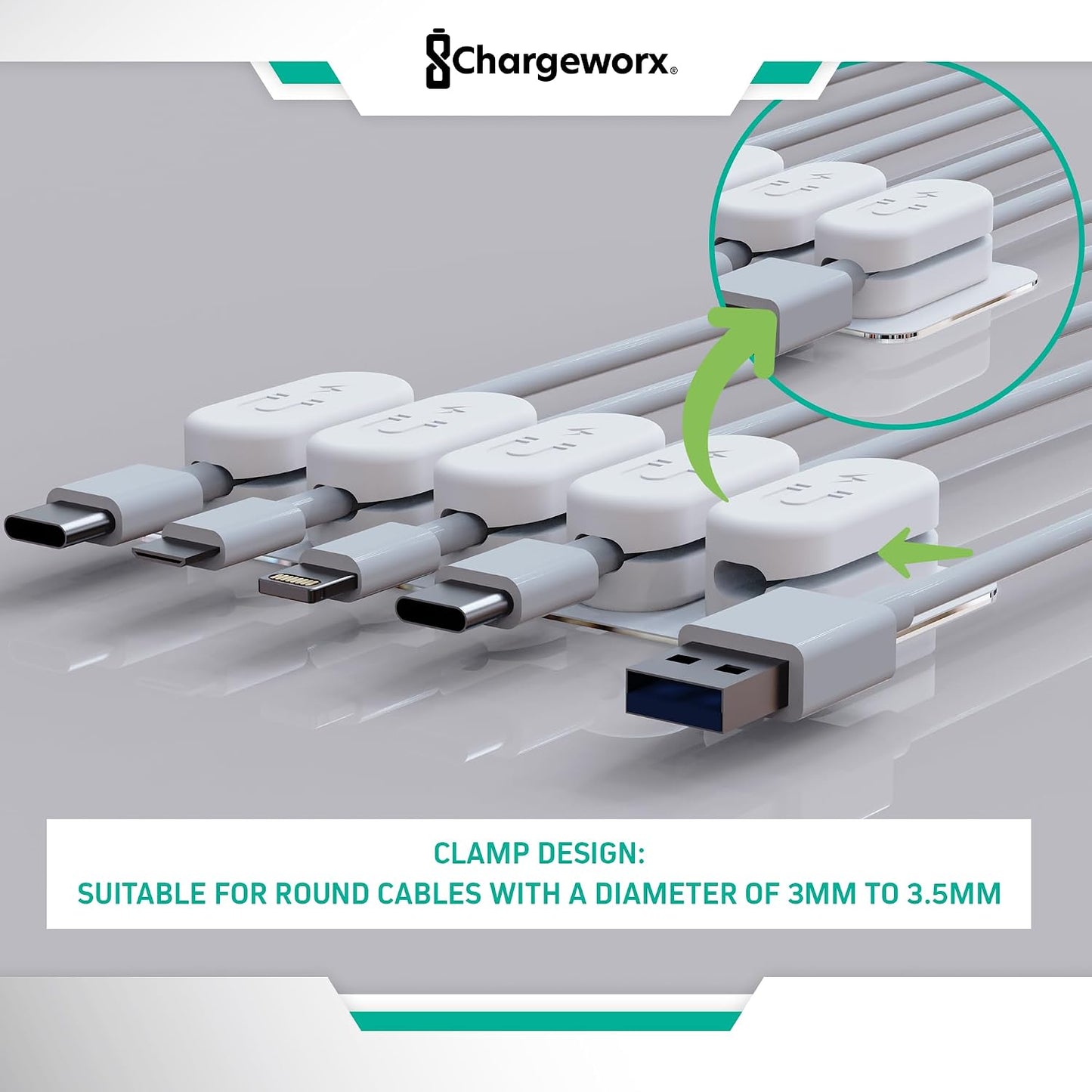 Chargeworx Magnetic Cable Clips - Cord Holder Organizer, No Drill Self-Adhesive Base, Cable Organizer, Repositionable Magnetic Clips, 5-Pack, USB-C Lightning Micro-USB, Desk Nightstand Wall Car, Black