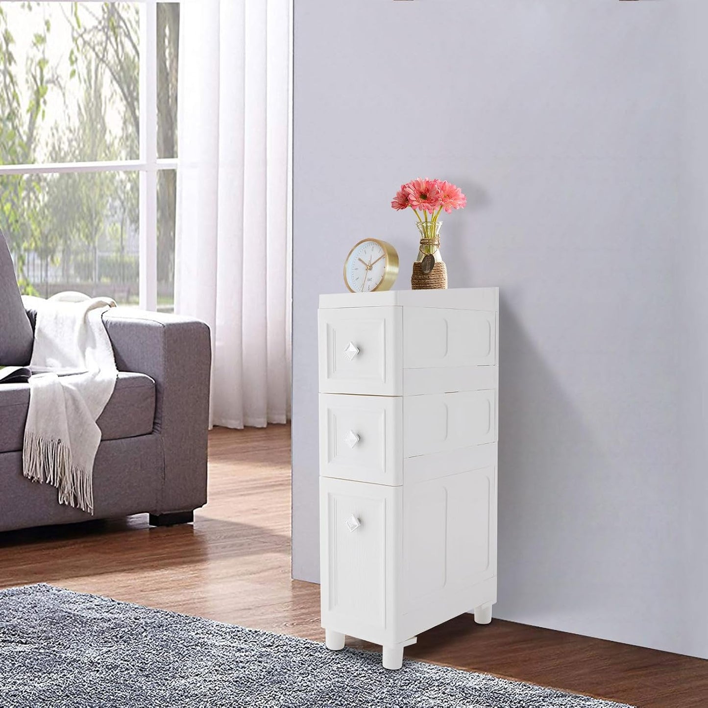 Slim Bathroom Storage Cabinet Freestanding Narrow Plastic Rolling Cart Bathroom Organizer with Drawers for Small Space Office, White (4-Tier)