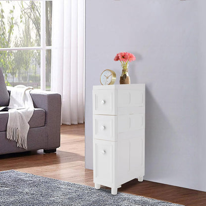 Slim Bathroom Storage Cabinet Freestanding Narrow Plastic Rolling Cart Bathroom Organizer with Drawers for Small Space Office, White (4-Tier)