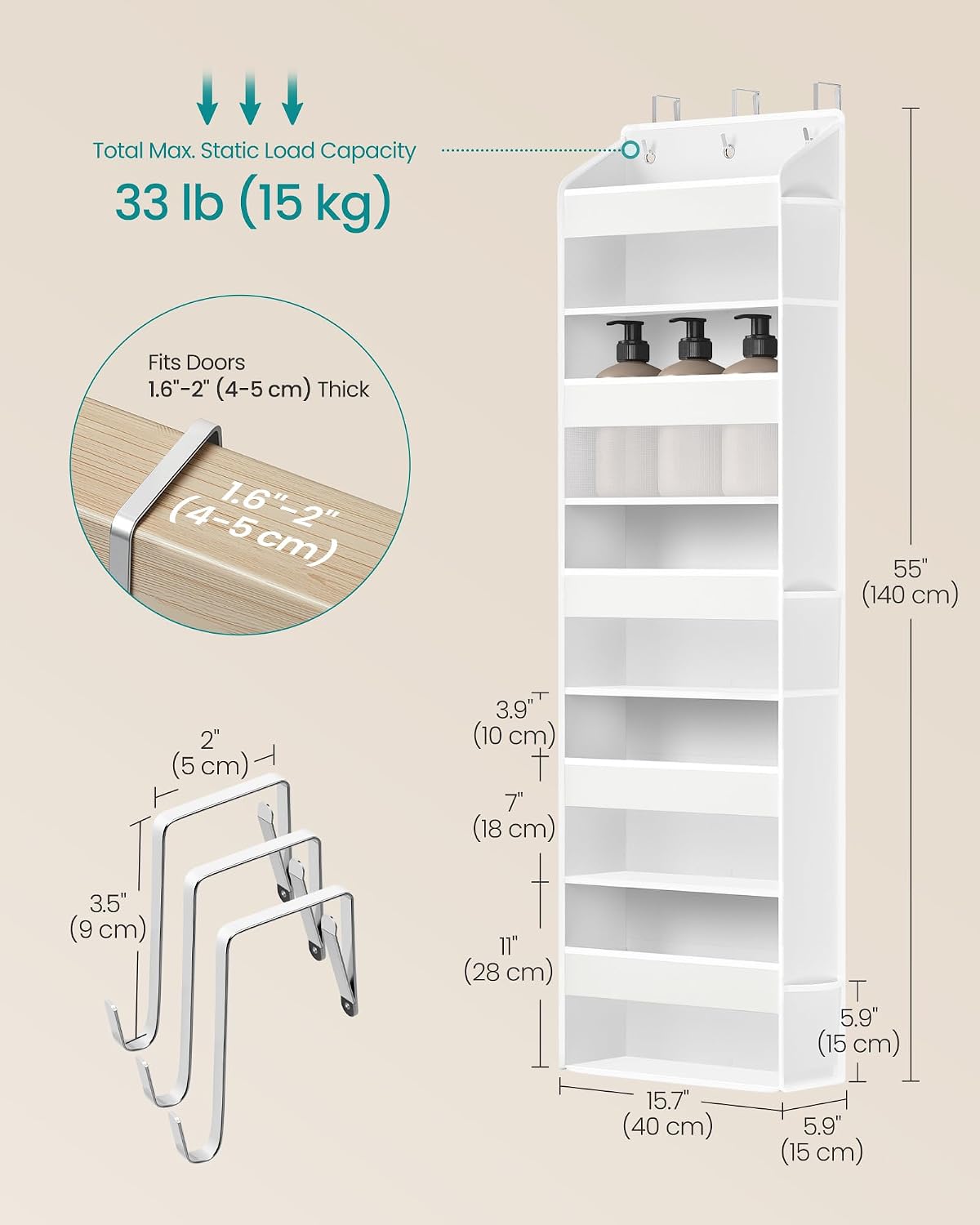 SONGMICS Over-the-Door Organizer, 5-Tier Door Hanging Storage Shelf, Heavy-Duty Closet Hanging Organizer Foldable, Transparent, Pockets, Metal Hooks, Ink Black URDH010BH01
