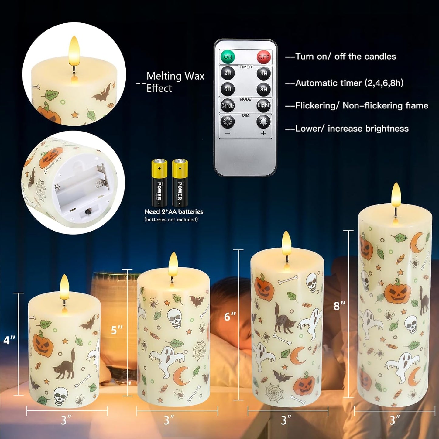 Lezonic Ivory LED Flameless Candles with Remote Timer, 4 Pack Battery Operated Candles Flickering, Grease Design Real Wax Pillar for Wedding Decor, Centerpiece, Birthday Gifts (4/5/6/8 Inch)
