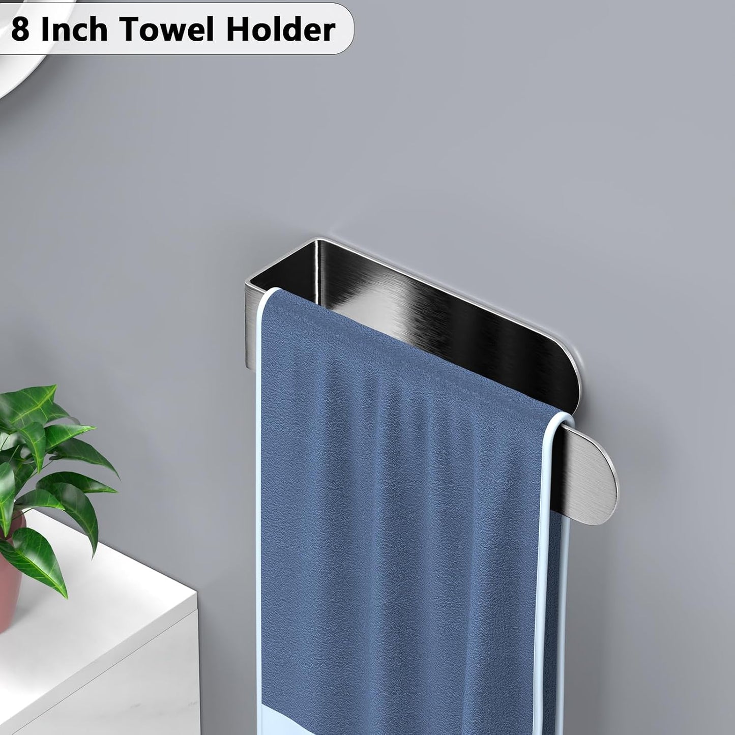 HUFEEOH 2 Pack Adhesive Hand Towel Holder, Kitchen Towel Rack Towel Bars Wall Mounted, Stainless Steel Bath Towel Hanger for Bathroom Hotel Kitchen (White, 8 Inch(2PC))
