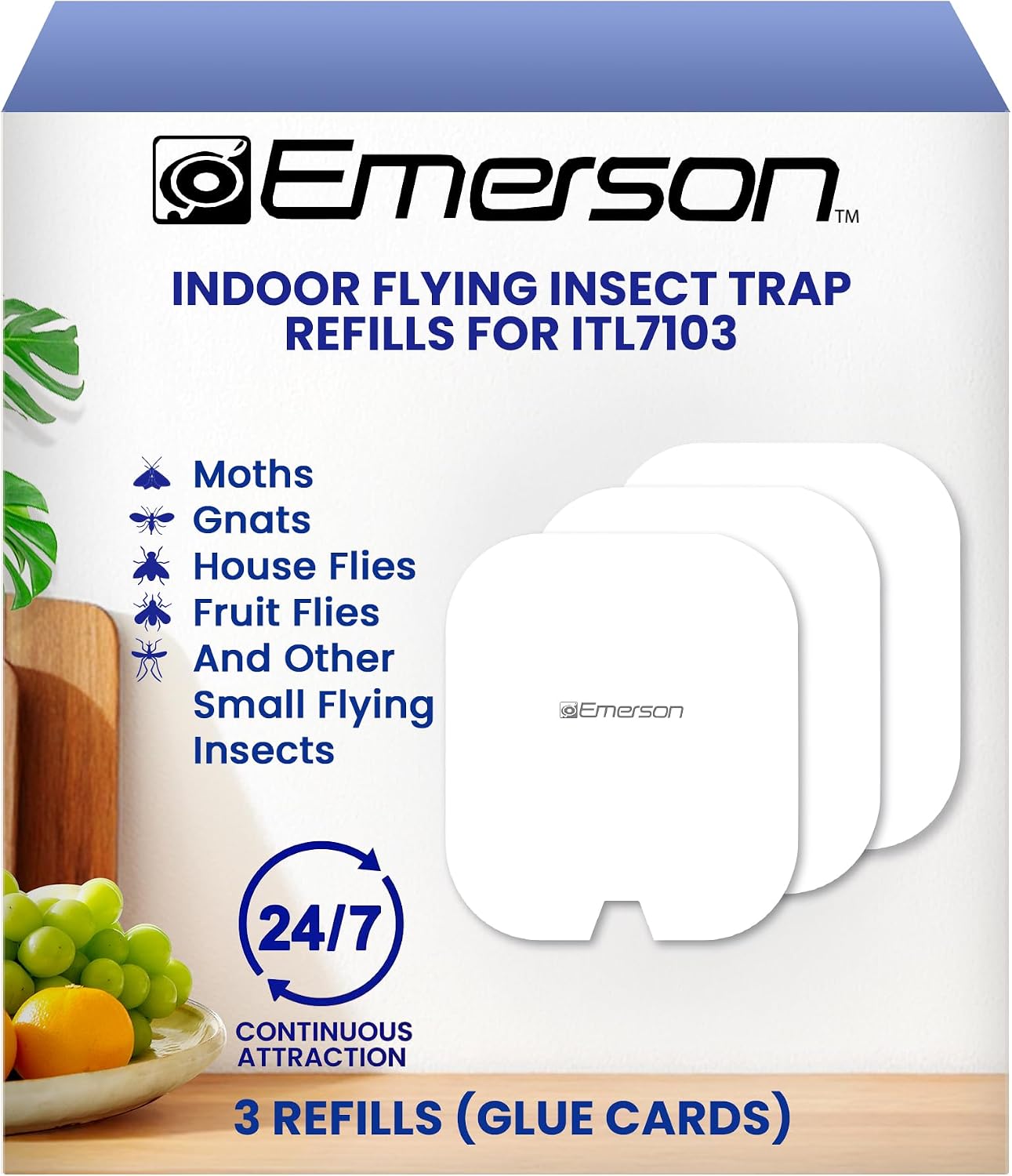 Emerson ITL7103 Plug-in Flying Bug Catcher with UV Light and LED Décor – Indoor Fly, Fruit Fly, Gnat & Moth Catcher, Silent, 24/7 Coverage, Mess-Free, use in Any Room, Includes 3 Glue Cards