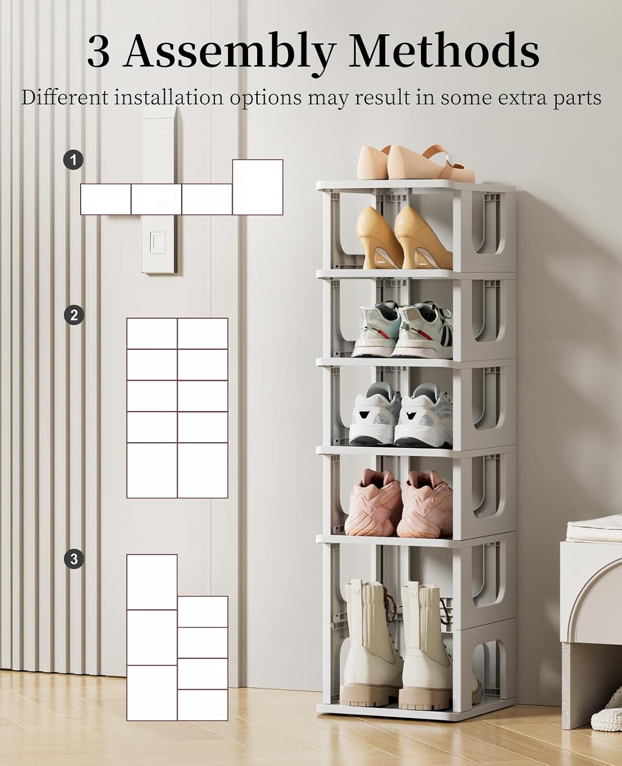 HAIXIN Shoe Organizer Rack for Small Spaces 5 Tier Plastic Vertical Narrow Shelves for Closet Black Shoe Holder, Stand for Entryway Storage Boots Organizer Stackable Cabinet