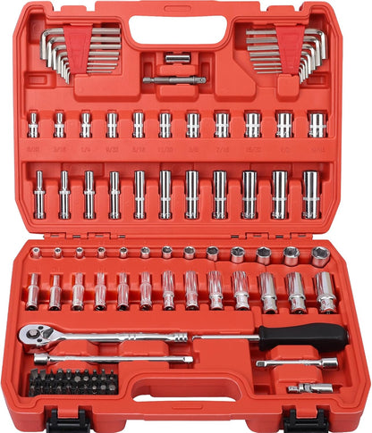 Egofine 46 Pieces 1/4 inch Drive Socket Ratchet Wrench Set, with Bit Socket Set Metric and Extension Bar for Auto Repairing and Household, with Storage Case