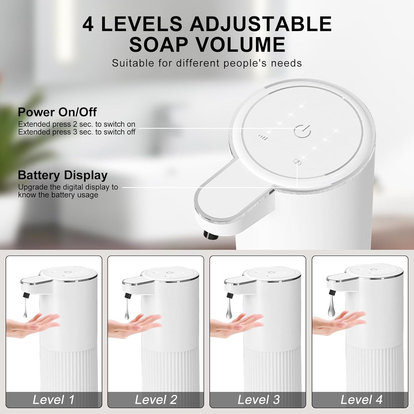 GuDoQi Automatic Touchless Liquid Soap Dispenser, 4-Level Adjustable Foam, USB Rechargeable Hand Soap Dispenser for Bathroom, Kitchen Countertops, 12.2oz/360mL, Black