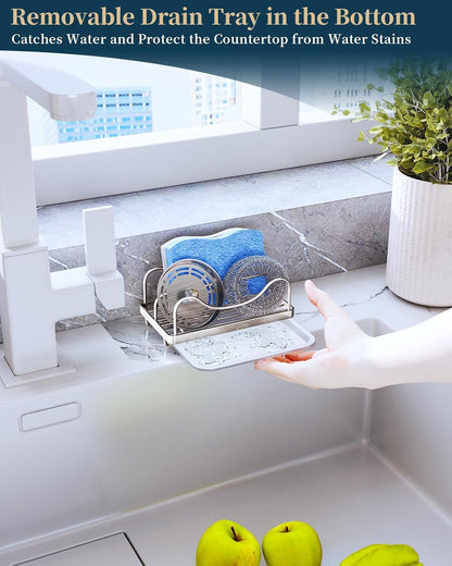 Consumest Sponge Holder for Kitchen Sink - Movable Sink Caddy for Countertop Organizer, 304 Stainless Steel Sponge Holder with Detachable Drip Tray for Kitchen Accessories-Silver
