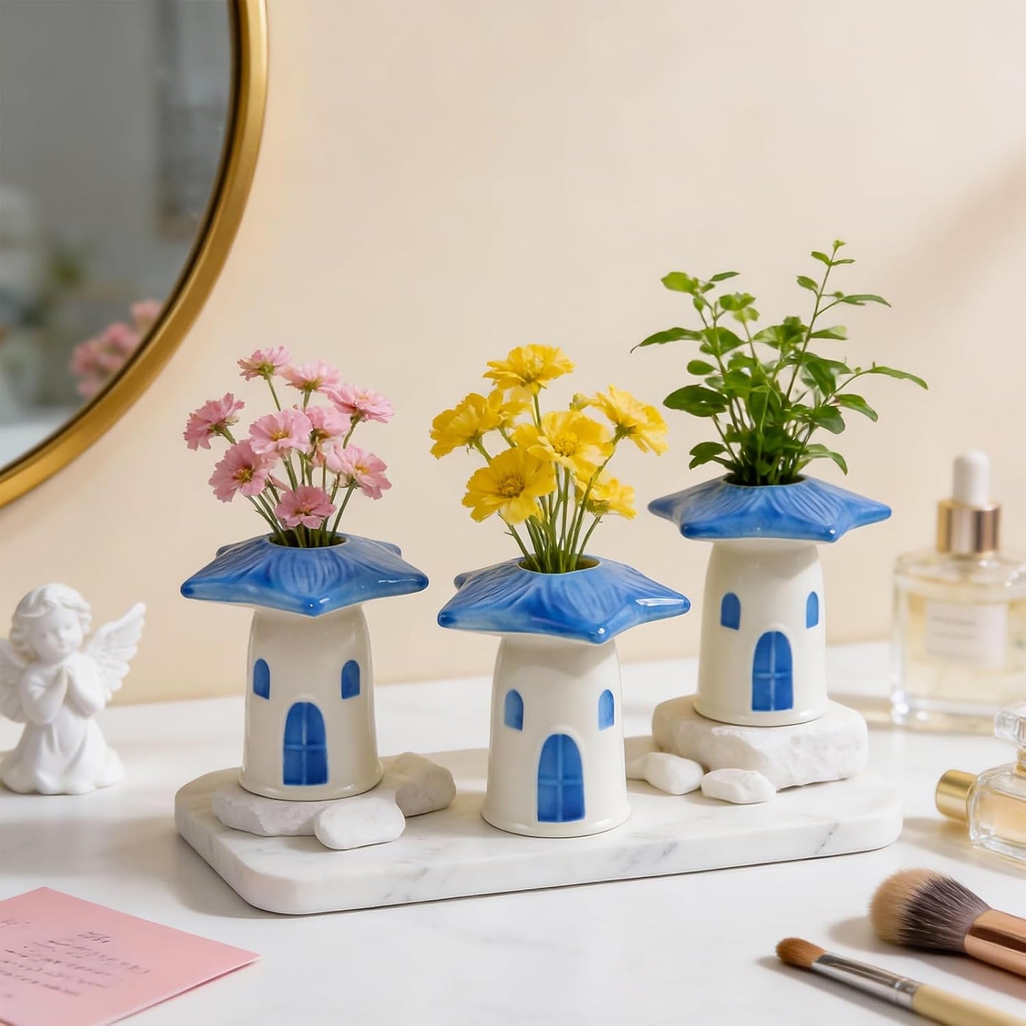 MOUGIGI Cute Blue House Ceramic Bud Vase Set of 3 - Handmade Miniature Vase with Star Roof for Dried Flowers, Chic Japandi Style Decor for Entryway, Dining,Coffee Table - Ideal Small Gift for Home