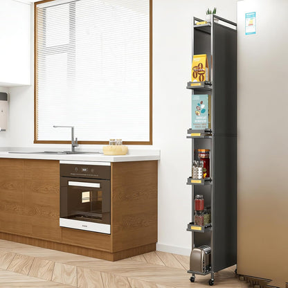 5-Tier Tall Narrow Mobile Shelf Organizer, Slim Storage Cart on Wheels | Pull Out Cabinet Organizer for Small Space Kitchen Space Saving, with Transparent Flap Door Design, Grey