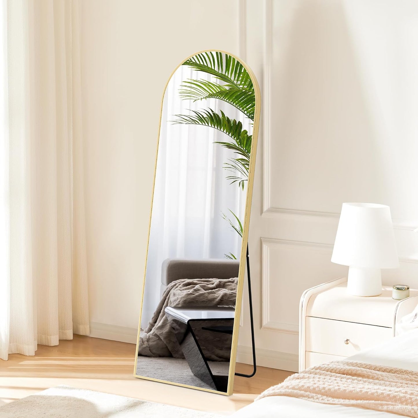 DUMOS 64"x21" Arched Full Length Floor Mirror, Full Body Mirror with Stand, Shatterproof Tempered Glass, Modern Aluminum Alloy Frame, Free Standing or Leaning for Home Decor, Gold