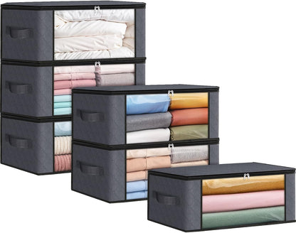 Fab totes 6 Pack Storage Bags for Clothes and Blanket, Foldable Closet Organizers and Storage with Zippers, Clear Window and Handles, Fabric Storage Bins for Sweater, Comforter, Bedding,Linen Sheets