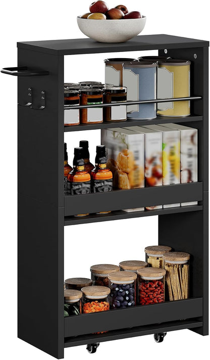 ChooChoo 4-Tier Slim Storage Cart, 7.87 inches Wide Narrow Storage Cabinet with 360° Wheels and 2 Hooks, Space-Saving Organizer for Kitchen, Narrow Places, Dining Room, Walnut+White