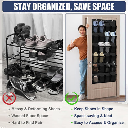 Over the Door Shoe Organizer - 24 Large Breathable Mesh Pockets, Space Saving Hanging Shoe Organizer with Metal Hooks, Hanging Shoe Rack for Men's and Women's Shoes (White)