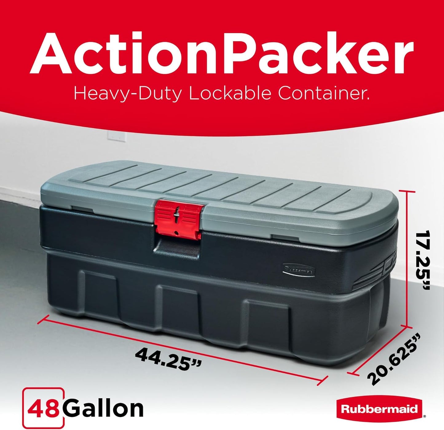 Rubbermaid ActionPacker 35 Gallon, Made in USA, Lockable Plastic Storage Bin with Lid and Wheels- Outdoor, Industrial, Rugged, Camping Gear and Truck Bed Storage - Gray and Black