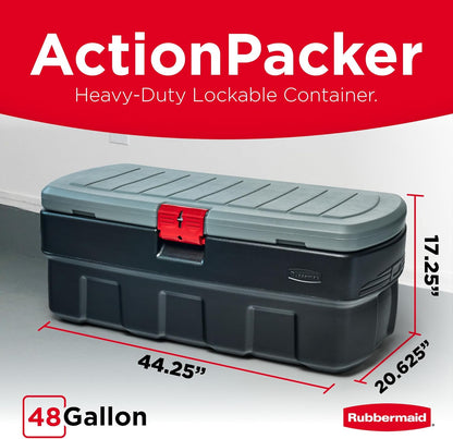 Rubbermaid ActionPacker 35 Gallon, Made in USA, Lockable Plastic Storage Bin with Lid and Wheels- Outdoor, Industrial, Rugged, Camping Gear and Truck Bed Storage - Gray and Black
