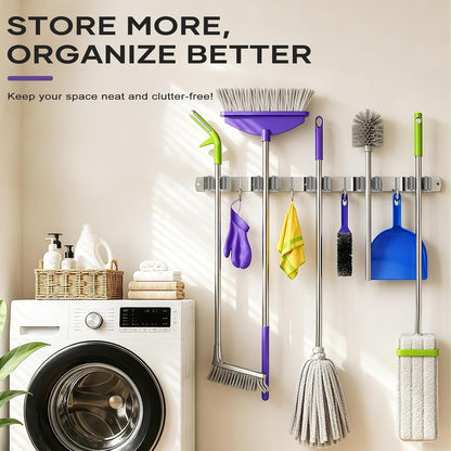 Broom Mop Holder Wall Mount, Heavy Duty Stainless Steel Mop Organizer with 5 Clamps and 4 Hooks, Wall Mounted Cleaning Tool Storage Rack for Home, Garage, Laundry Room and Garden