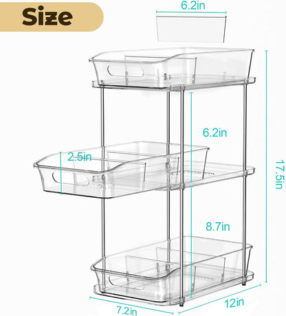 incostar 2 Tier Pull-Out Organizer for Bathroom Kitchen, Under Sink Storage with Dividers, Ideal for Cabinet, Cupboard Organization, Slide-Out Clear Storage, 1 Pack