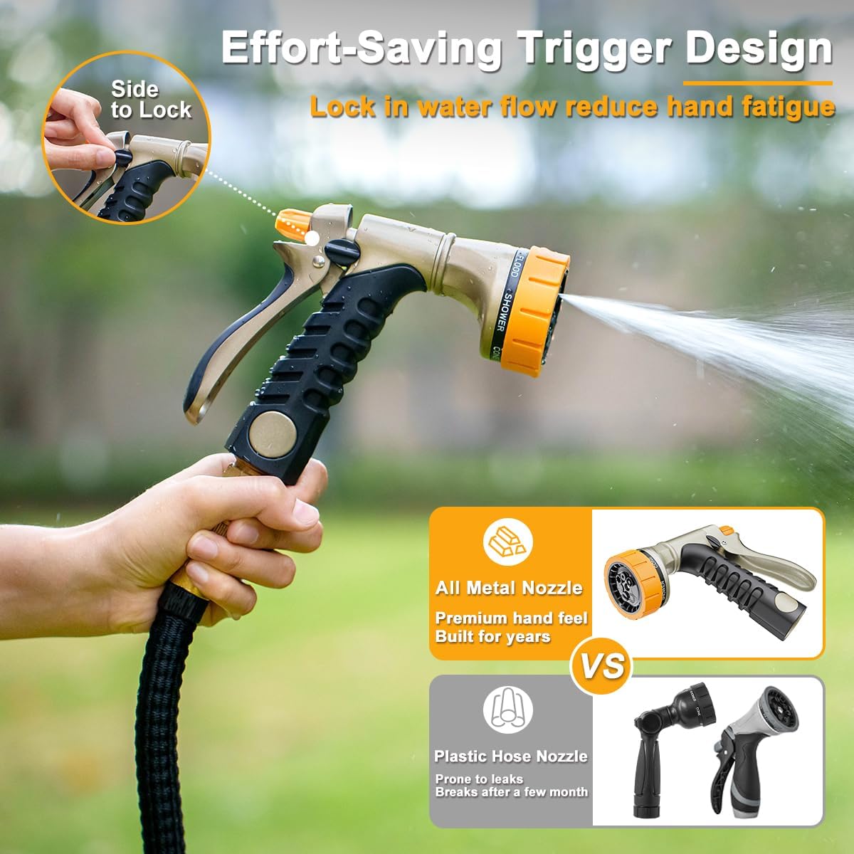 FANHAO Heavy Duty Garden Hose Nozzle, 100% Metal Rear Trigger Hose Sprayer for Garden Hose High Pressure, 7 Spray Patterns Water Hose Nozzle for Plants Watering, Cars Washing & Pets Bathing