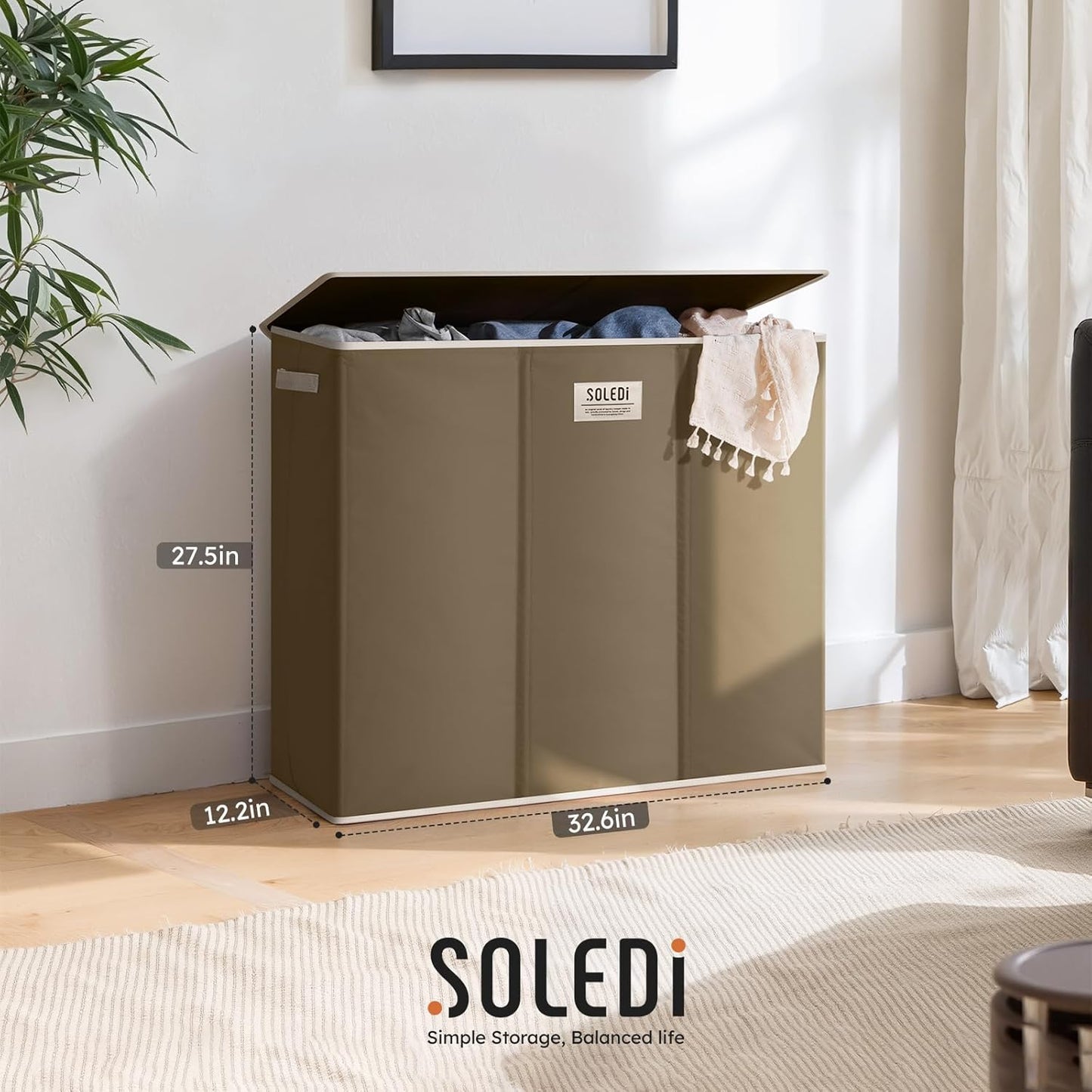 SOLEDI 180L Laundry Hamper 3 Section, Extra Large Laundry Hamper with Lid, Dirty Clothes Hamper with Sturdy Handle, Large Laundry Basket Organizer for Laundry Room, Bedroom, Hampers for Laundry
