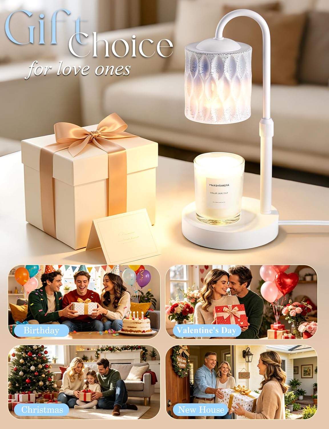 Briever Dimmable Candle Warmer Lamp with Timer, Height Adjustable Electric Candle Wax Warmer, Christmas Birthday Gifts for Women Mom, House Warming Gifts New Home Room Decor, Walnut Solid Wood Base