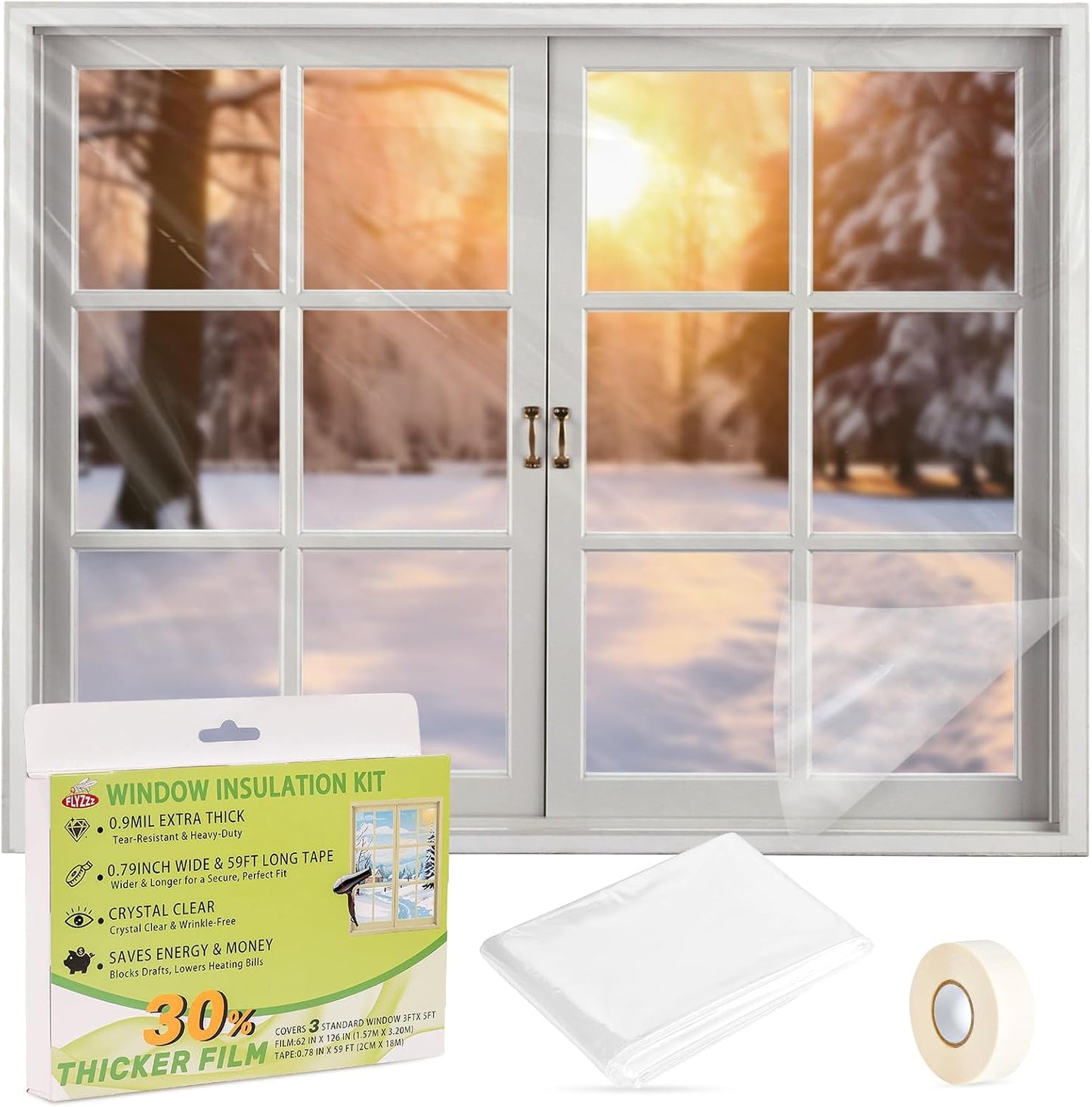FLYZZZ Patio Door Window Insulation Kit, 84X120in Heavy Duty (0.9 Mil) Winter Shrink Film, Indoor Plastic Covering with Wide Tape for One Standard Patio Door/Extra Large Window
