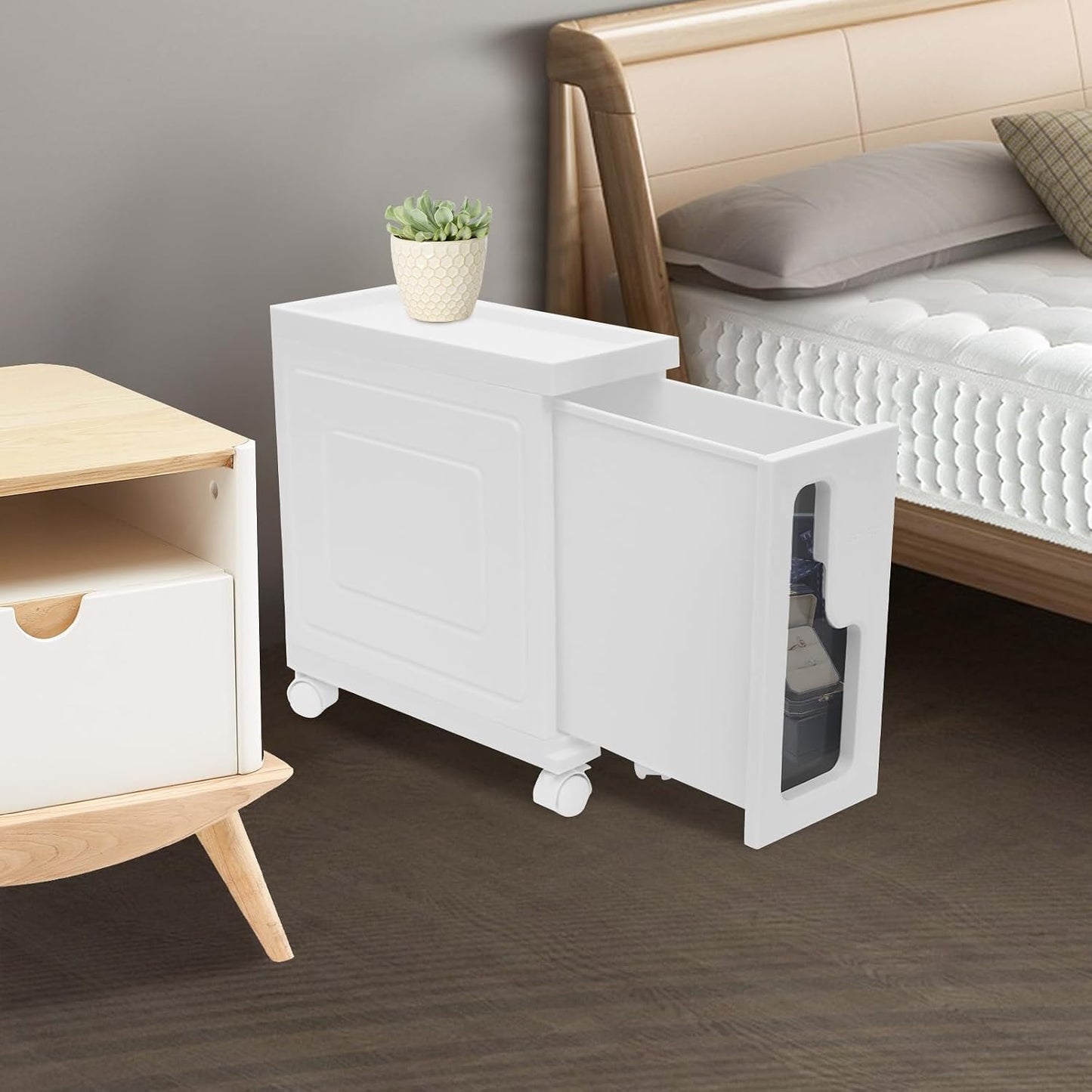 Narrow Bathroom Storage Cabinet with Drawers, 5.5" Slim Floor Standing Rolling Cart on Lockable Wheels, PP Unit with Toilet Paper Holder for Small Space, Kitchen, Laundry Room (3 Tier)