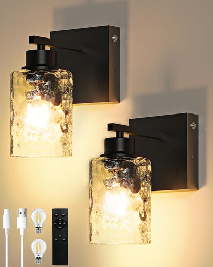 Battery Operated Wall Sconce Set of 2, Black Rechargeable Wall Lights with Timer Function, Easy Install Dimmable Wireless Wall Lamps Sconces Wall Decor for Living Room Bedroom Hallway, Emergency 3000K