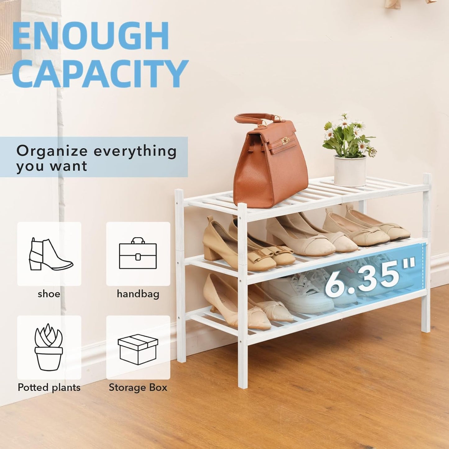 4 Tier Bamboo Shoe Rack Storage Organizer for Closet, Multifunctional Stackable Free Standing Shoe Shelf Organizer for Small Space,Entryway, Hallway, Bathroom27 x11 x26(White, 4 Tier)