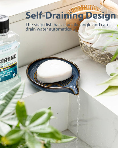 Self Draining Soap Dish, Ceramic Drain Soap Holder Waterfall Design Soap Saver for Shower, Bathroom, Sink, Kitchen and Countertop, Keeps Dry, Green