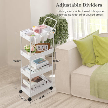 danpinera Storage Cart on Wheels, 3 Tier Slim Laundry with Wheels Bathroom Organizer with Hanging Cups Hooks Dividers Handle Mobile Rolling Art Cart for Bathroom Kitchen Narrow Places, White