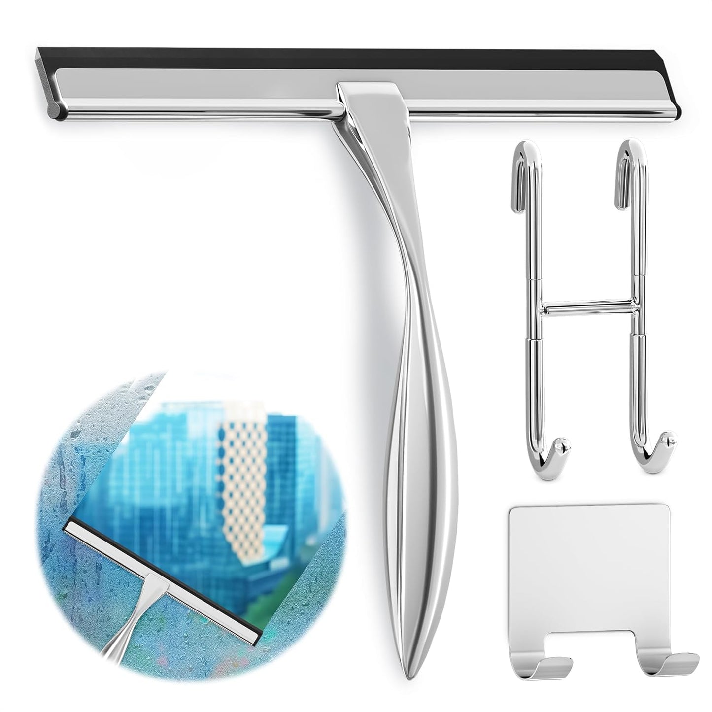 Shower Door Squeegee with Adhesive & Hanging Hooks, 12" Silicone Blade - Stainless Steel All-Purpose Squeegee for Shower Glass, Bathroom Mirror Cleaner Tool Suitable for Tile Walls - Multi-Surface Use