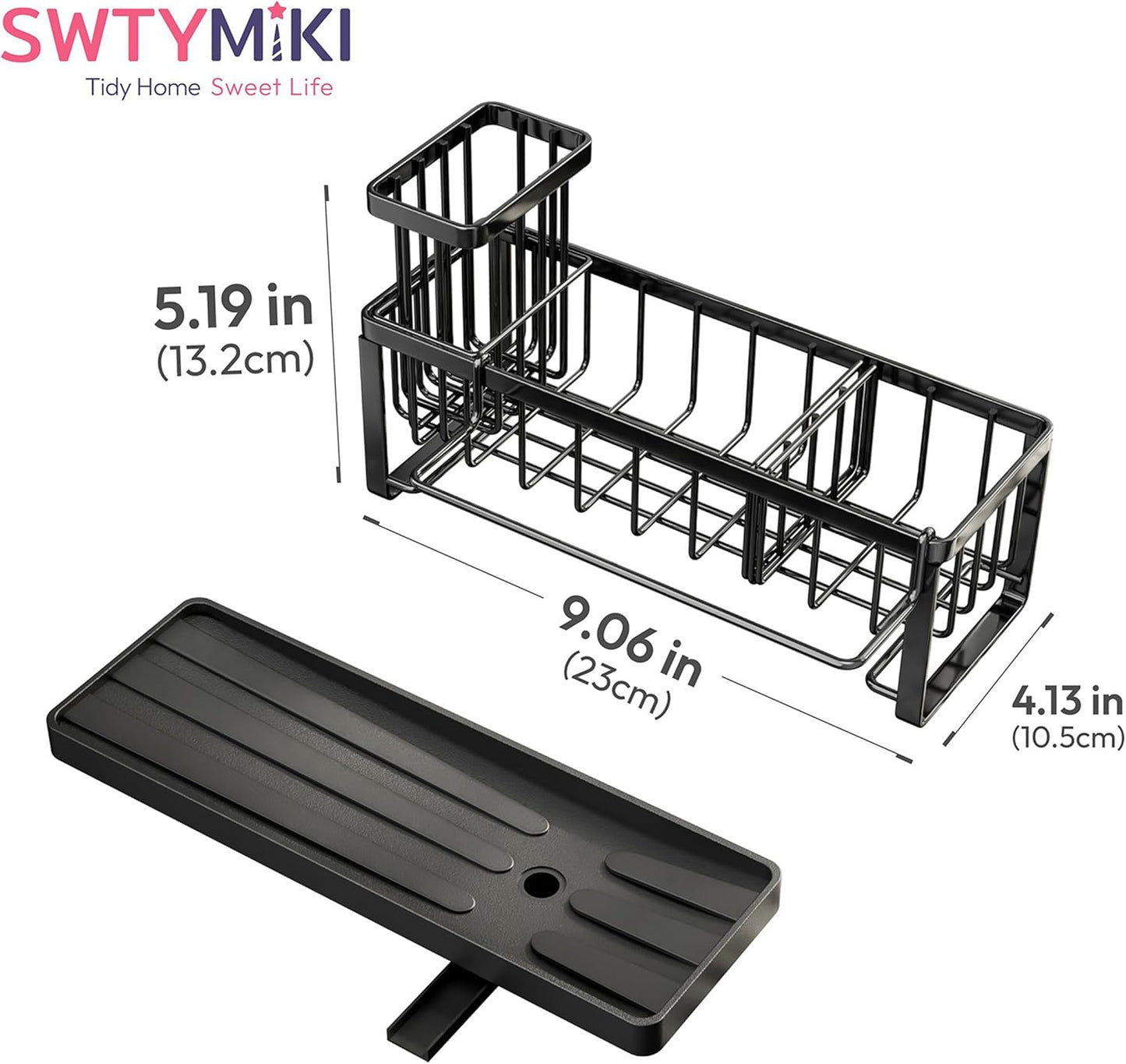 SWTYMIKI Sink Caddy Sponge Holder - Large Sponge Holder for Kitchen Sink with 360°Auto-Drain Tray, Rustproof Stainless Steel Kitchen Organizer Caddy for Countertop Organization