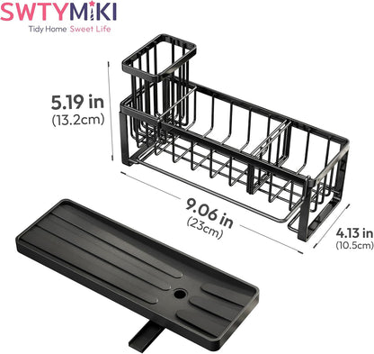 SWTYMIKI Sink Caddy Sponge Holder - Large Sponge Holder for Kitchen Sink with 360°Auto-Drain Tray, Rustproof Stainless Steel Kitchen Organizer Caddy for Countertop Organization