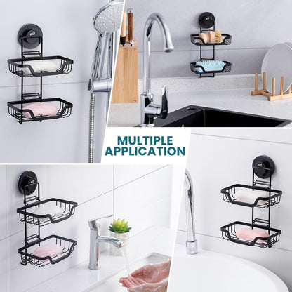 TAILI Soap Holder for Shower – Suction Cup Bar Soap Dish with Hooks, Rustproof Stainless Steel, Self-Draining Sponge Holder with Razor Holder for Bathroom & Kitchen, Black