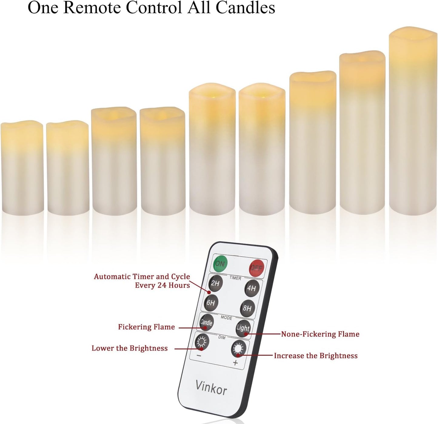 Vinkor Flameless Candles Battery Operated Candles Real Wax Pillar LED Candles with 10-Key Remote and Cycling 24 Hours Timer (Ivory Set of 12 （D: 3" x H: 4"）)