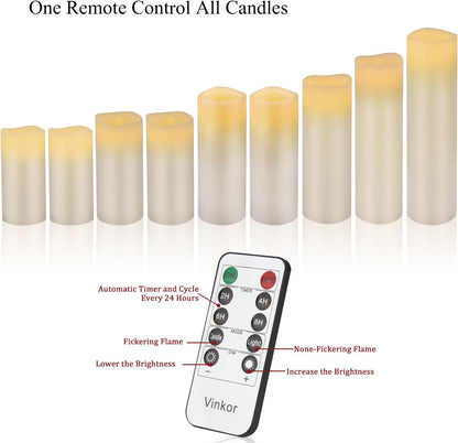 Vinkor Flameless Candles Battery Operated Candles Real Wax Pillar LED Candles with 10-Key Remote and Cycling 24 Hours Timer (Ivory Set of 12 （D: 3" x H: 4"）)