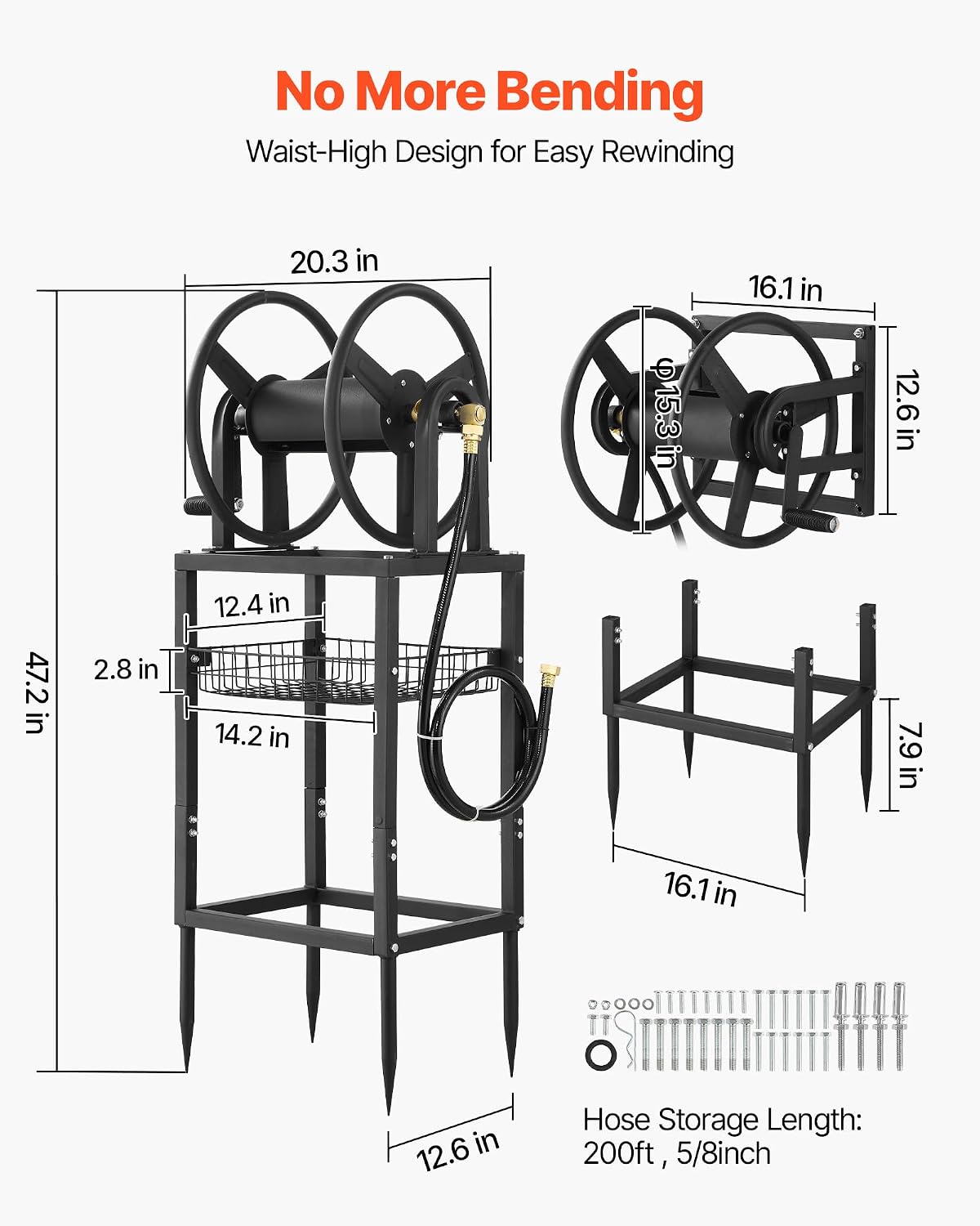 VEVOR Wall Mounted Garden Hose Reel, Holds 125 ft 5/8-inch Hose, Heavy-Duty Water Hose Winder, Space-Saving Design, Outdoor Manual Reel with Brass Fitting and Storage Basket for Yard Lawn