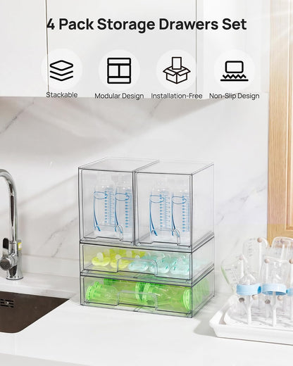 Vtopmart Stackable Storage Drawers Set of 5, Clear Plastic Organizer Bins for Baby Bottle, Beauty Supplies Storage, Ideal for Kichen Countertop, Vanity, Bathroom, Cabinet, Pantry Organization