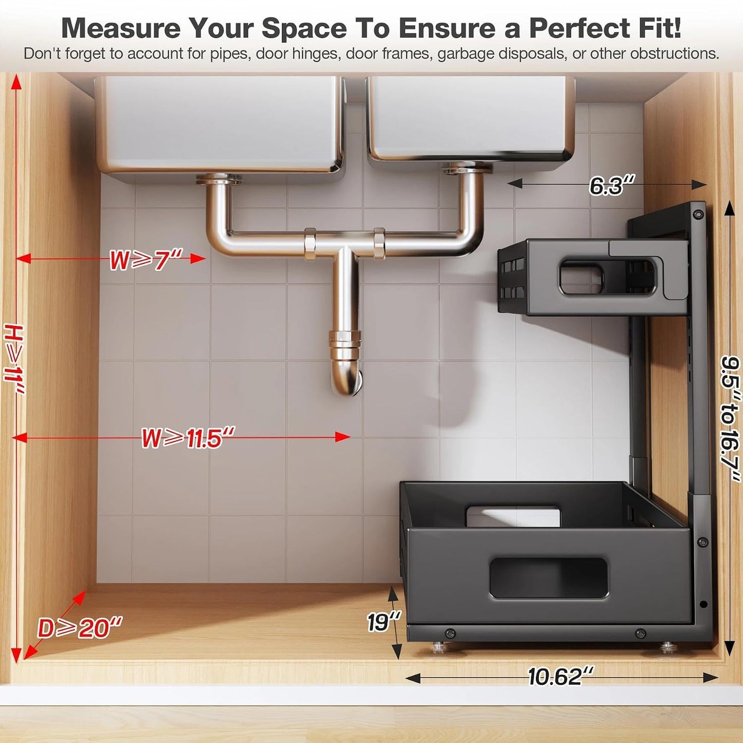 2 Pack Under Sink Organizer,Pull Out Cabinet Organizer with Smooth Cylindrical Rail,Metal Slide Out Drawer for Kitchen Bathroom Laundry Cabinet,8-Level Tool Free Height Adjustable-Black
