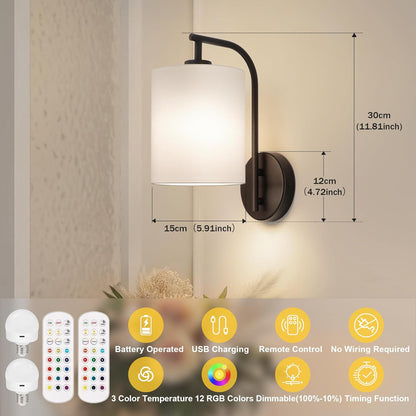 MATAMEYE Battery Operated Wall Sconce Set of 2, Black Rechargeable Wireless Wall Light Fixture with Remote, 12 RGB Colors & Timer, Indoor Dimmable Wall Lamp with Linen Shade