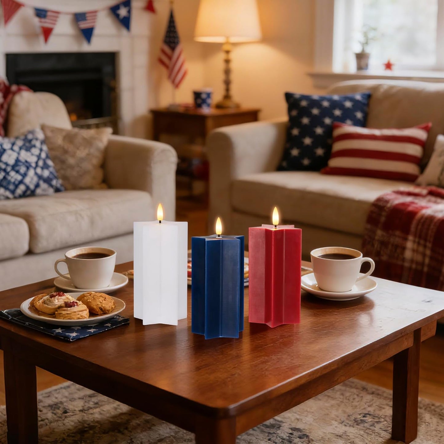 4th of July Flameless Pillar Candles with Remote, Patriotic Red White and Blue Battery Operated Star Shaped LED Pillar Candle Set of 3, Independence Day Decorations for Home Party Table Fireplace