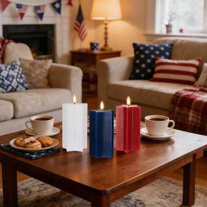 4th of July Flameless Pillar Candles with Remote, Patriotic Red White and Blue Battery Operated Star Shaped LED Pillar Candle Set of 3, Independence Day Decorations for Home Party Table Fireplace