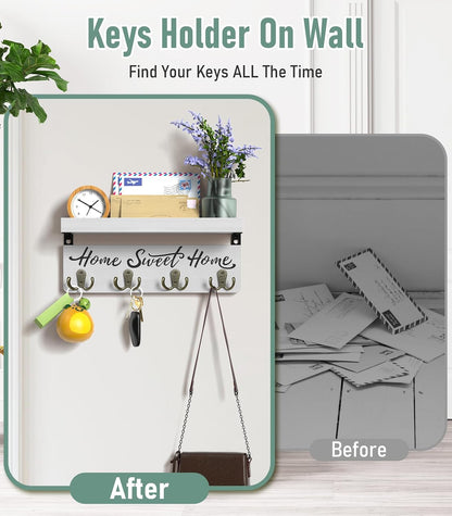 buways Key Holder Wall Mount with 4 Double Hooks-Solid Wood Wall-Mounted Organizer for Keys&Mail Rustic Key Rack Hanger Holder Home Decor for Entryway Living Room (Gray)