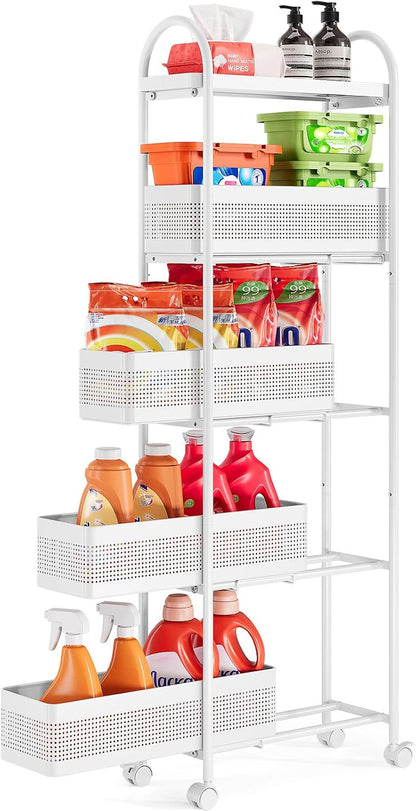 KINGRACK Slim Storage Cart with Drawer, 5-Tier Rolling Utility Cart on Wheels, Narrow Metal Cart for Space Save, Easy Assembly for Kitchen Cart, Craft Cart, Laundry, Bathroom, Nursery Organizer