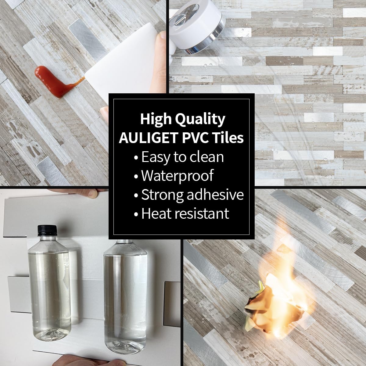 AULIGET 20 Sheets Peel and Stick Backsplash, Black & Grey Wood Look PVC Mixed Metal Stick on Backsplash Tiles for Kitchen