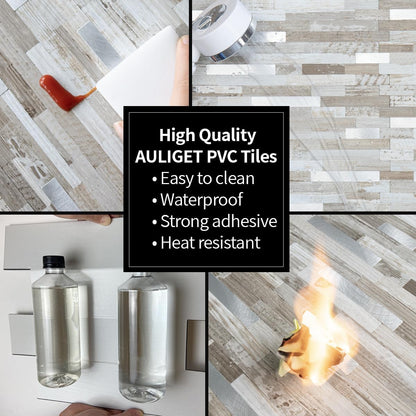 AULIGET 20 Sheets Peel and Stick Backsplash, Black & Grey Wood Look PVC Mixed Metal Stick on Backsplash Tiles for Kitchen